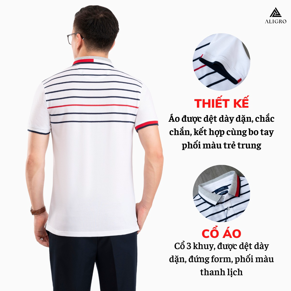 Alternative view of Áo Polo Nam Ngắn Tay Kẻ Ngang Trắng-đen-đỏ Algplo87 - Aligro