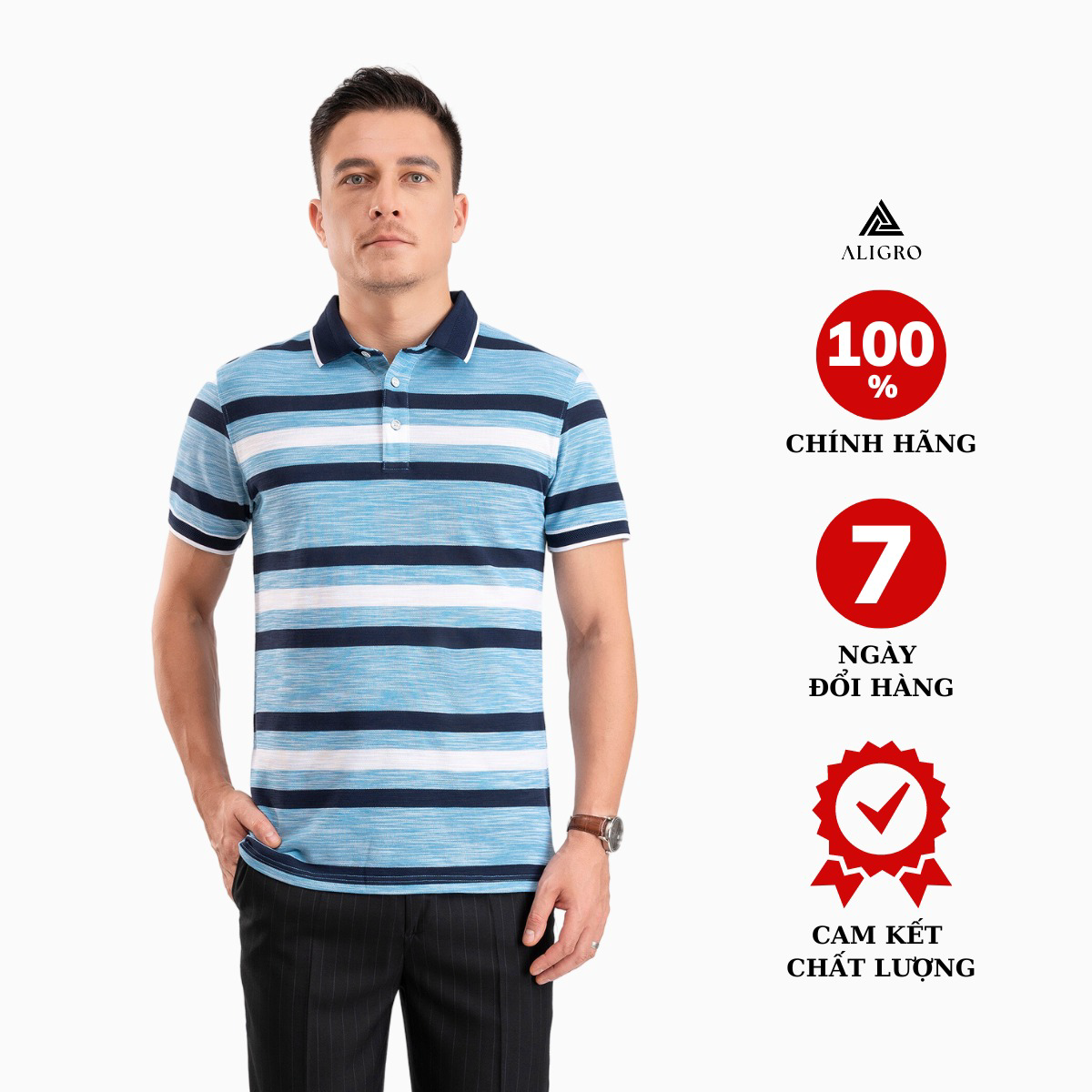 Áo Polo Nam Ngắn Tay Kẻ Ngang Xanh Dương-navy Algplo86 - Aligro