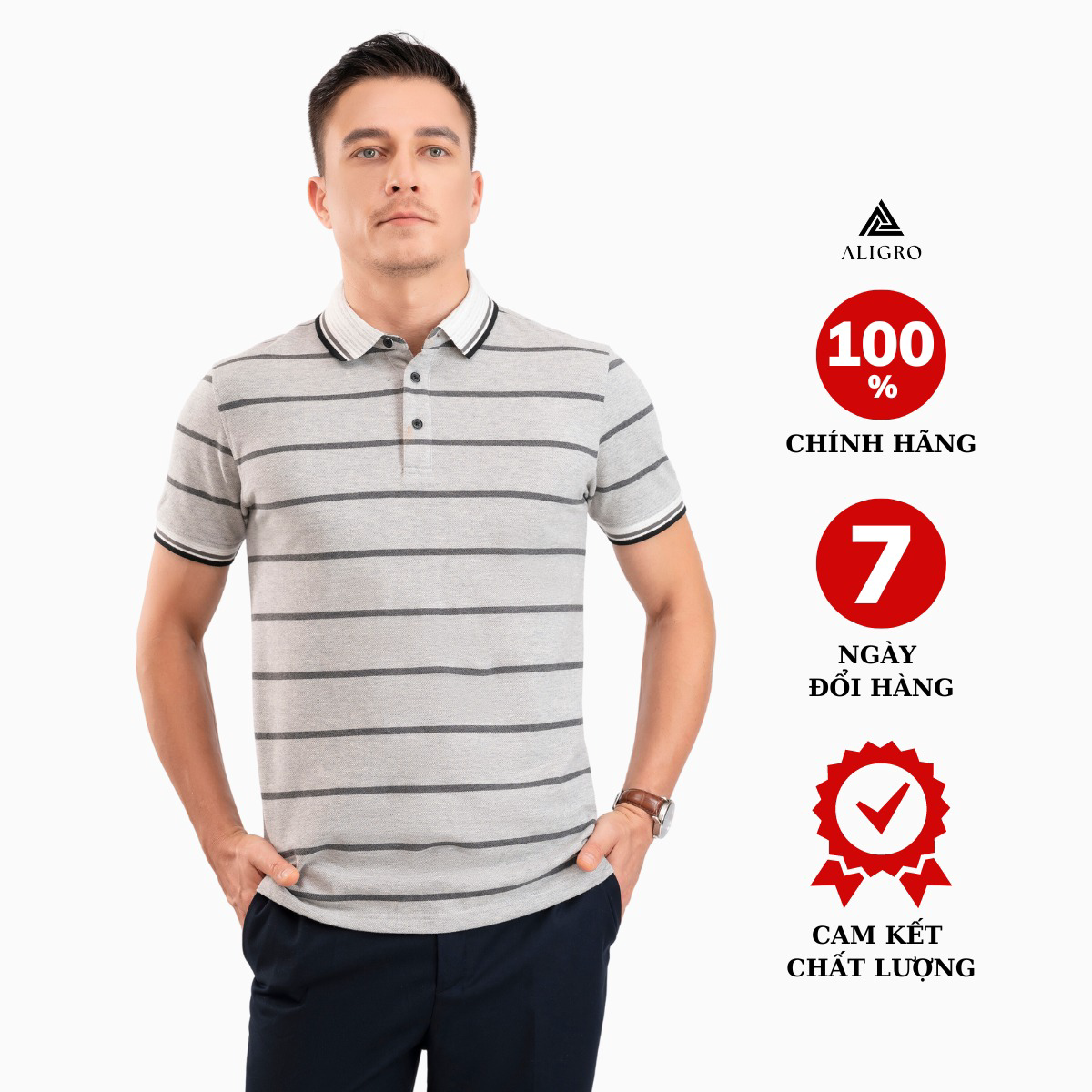 Áo Polo Nam Ngắn Tay Kẻ Ngang Màu Ghi Algplo84 - Aligro