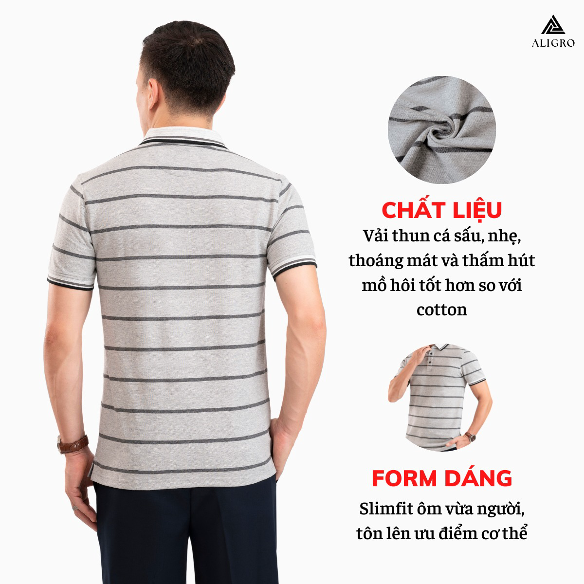 Alternative view of Áo Polo Nam Ngắn Tay Kẻ Ngang Màu Ghi Algplo84 - Aligro