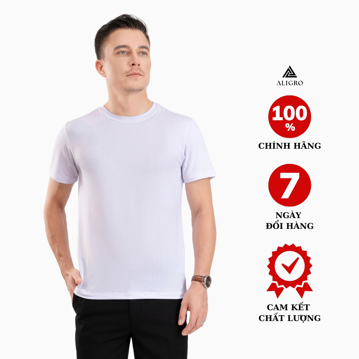 Áo Phông Nam Ngắn Tay Aligro Chất Vải Cotton Ô Chấm Màu Trắng Năng Động Algapc073 - Aligro