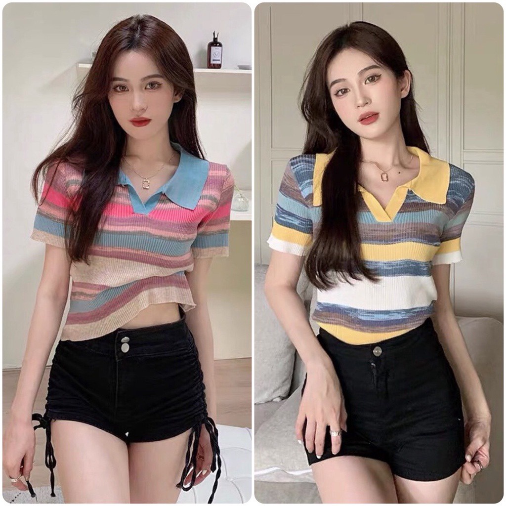 Áo Len Dệt Kim Dáng Croptop Phối Màu Ngũ Sắc Sldca101 - Diepchi Fashion
