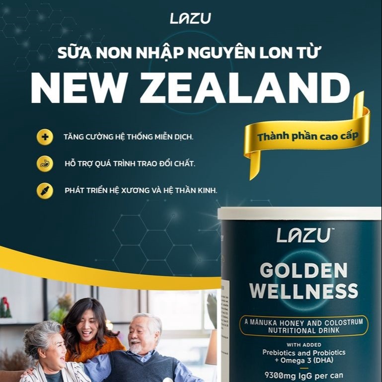 01 Lon Sữa Non Lazu Golden Wellness (igg 20%), Sữa Tách Béo & Mật Ong Manuka - Lazu