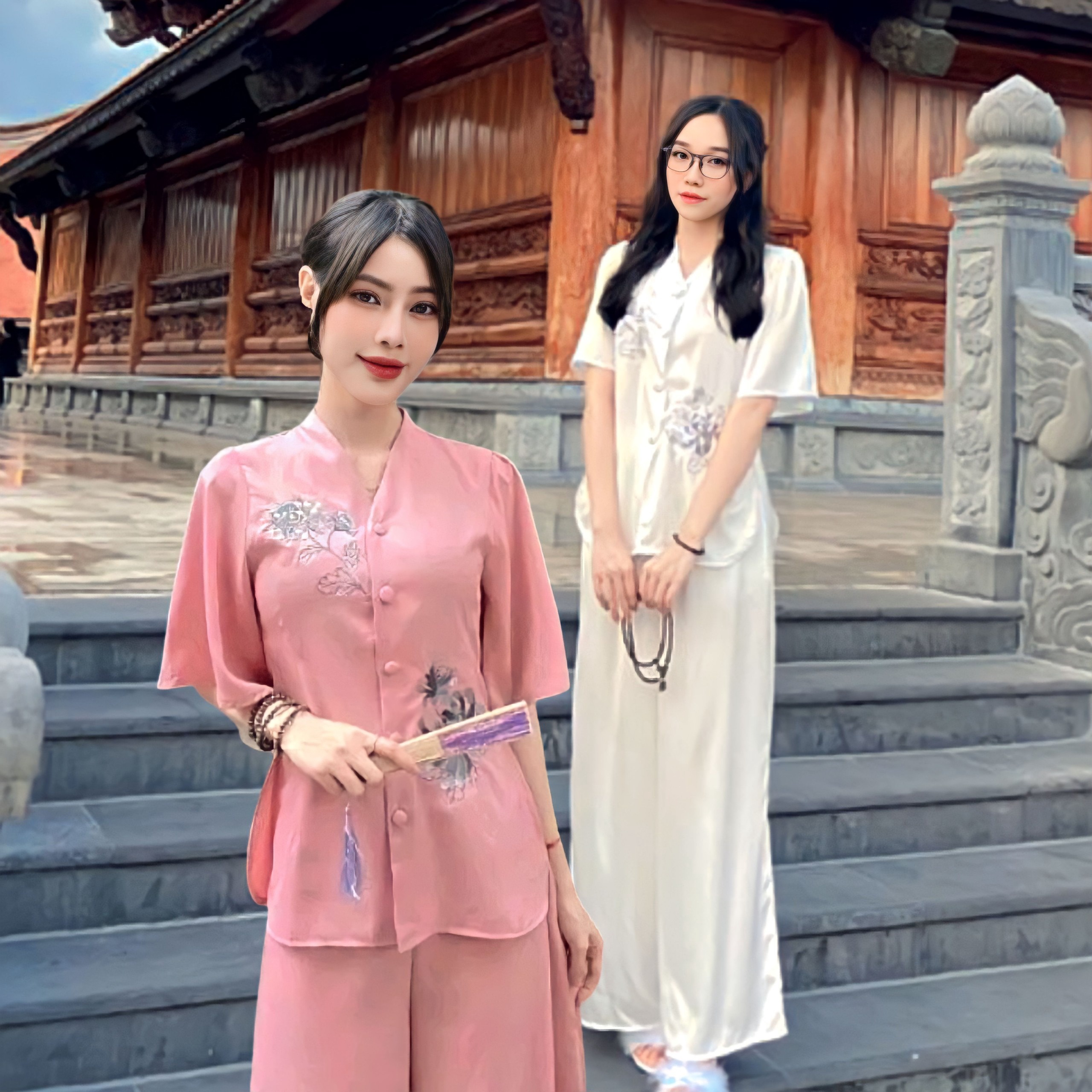 Set Đồ Lam Đi Chùa Nữ Vải Lục Ngọc Trai Lụa Thêu Hoa Mẫu Đơn - Shop Mẹ Bống