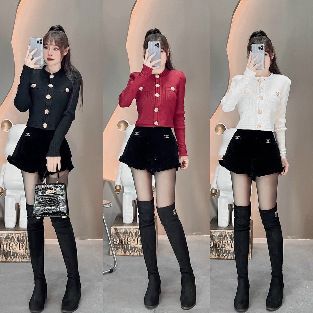 Áo Cardigan Dáng Ngắn Cổ Tròn Phối Khuy Vàng Nhẹ Nhàng, Sang Trọng Slcxa224 - Chipxinhxk