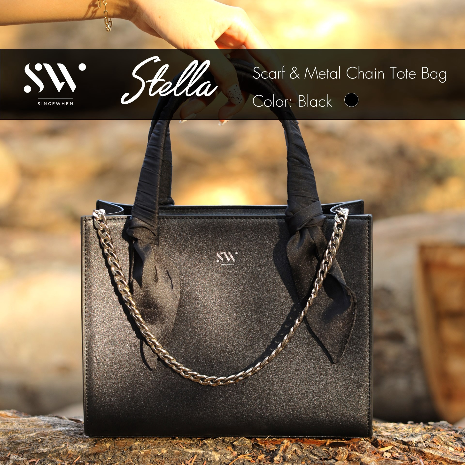Túi Tote Mini Stella Đính Chuỗi Kim Loại (scarf Handle And Metal Chain Tote Bag) - Sincewhen