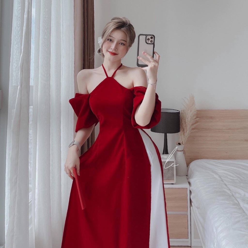 Alternative view of Set Áo Dài Cách Tân Nhung Đỏ Tay Phồng Cổ Yếm Sa301 - Sam Store
