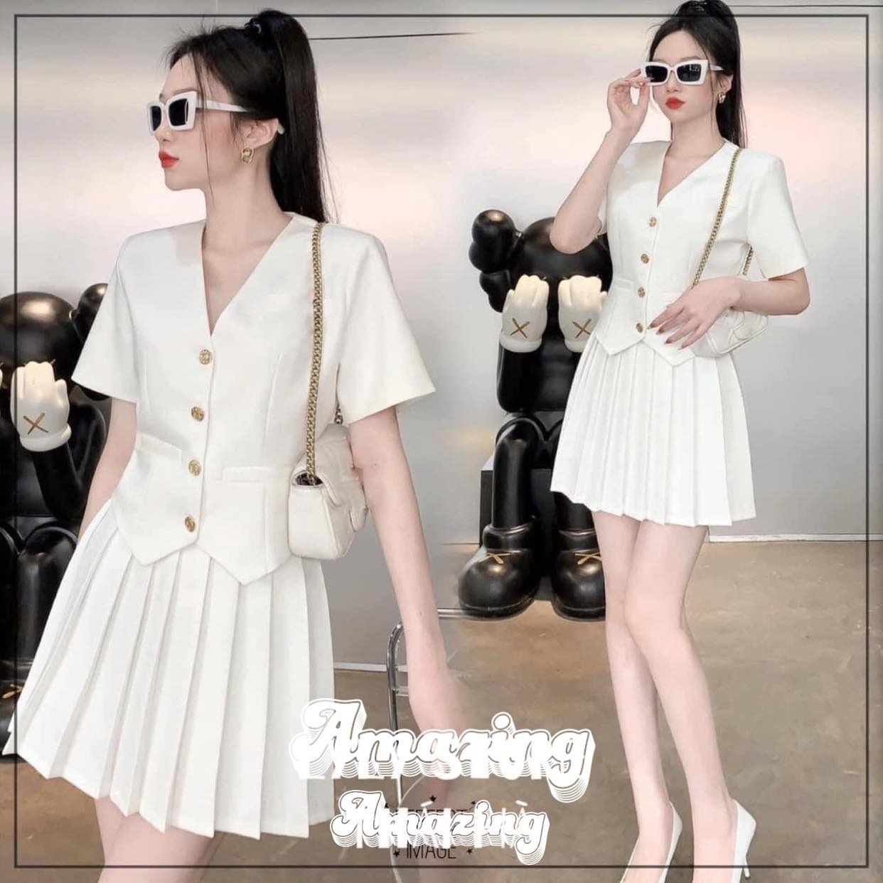 Alternative view of Set Bộ Đồ Nữ Áo Cổ Tim Đính Nút Phối Chân Váy Xếp Ly Sa802 - Sam Store