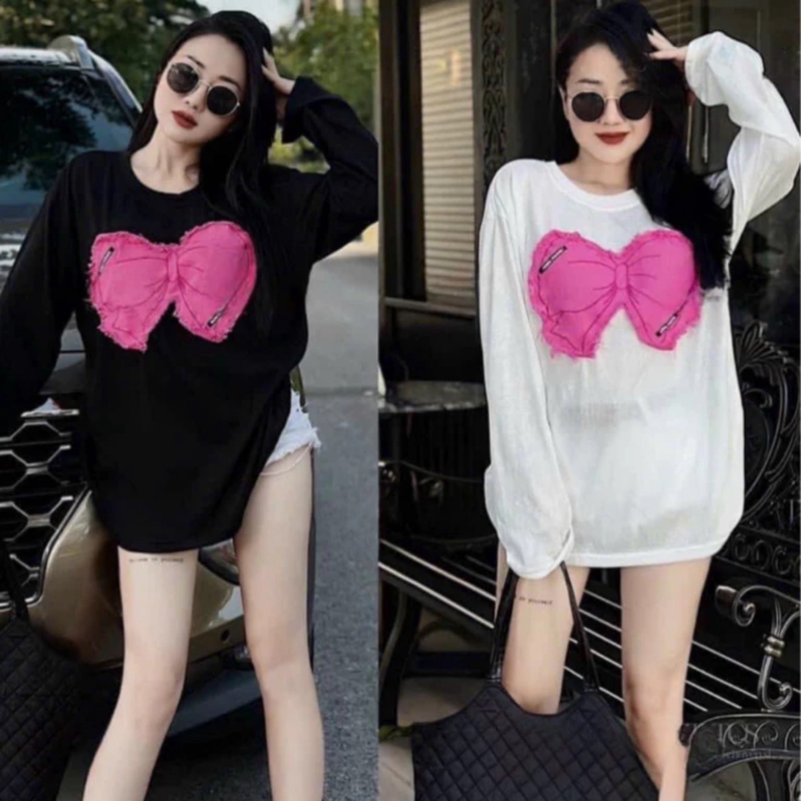 Áo Thu Đông Dài Tay Nữ Hình Nơ Màu Hồng Cổ Tròn Nữ