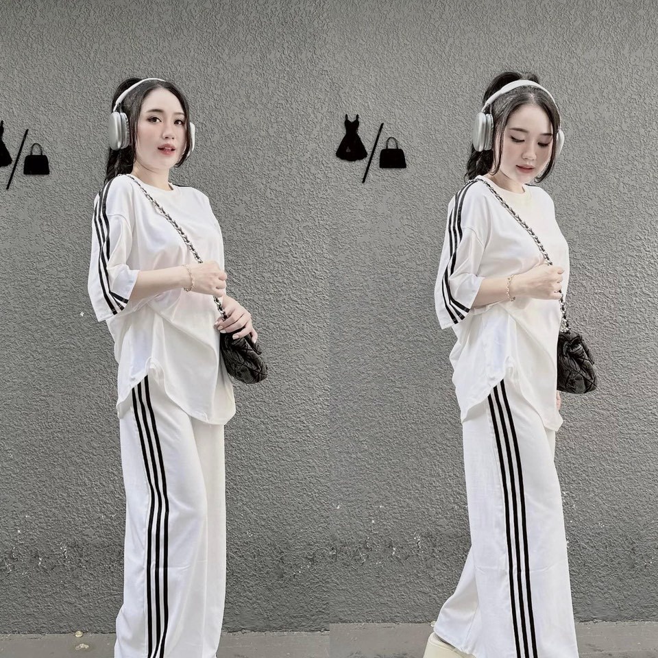 Set Bộ Đồ Thun Nữ Có Phối Viền Sọc Áo Kèm Quần Form Dài Rộng Chất Liệu Vải Thun Nỉ Dày Mịn Có Dây Bo Chun Hàng Hot Trend-htm Fashion