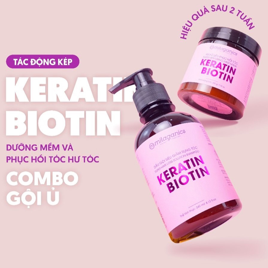 Combo Biotin & Keratin : Dầu Gội 240ml & Kem Ủ 200gr Kích Thích Mọc Tóc Siêu Tác Động Kép Chắc Khỏe - Milaganics