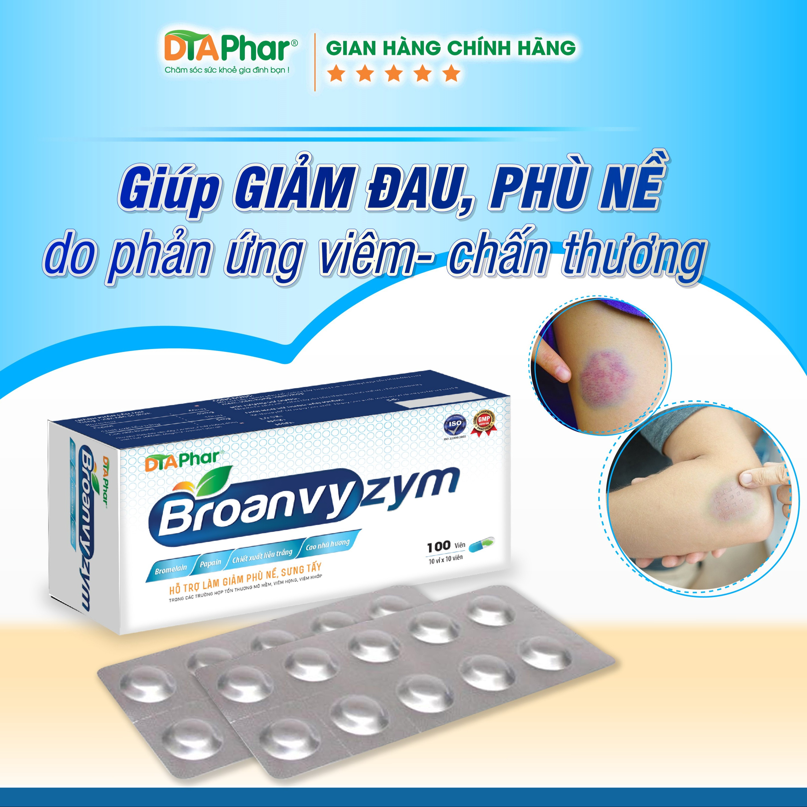 Alternative view of Viên Uống Broanvyzym Giúp Giảm Đau Phù Nề Bầm Tím Sưng Do Phản Ứng Viêm Chấn Thương Hộp 100 Viên