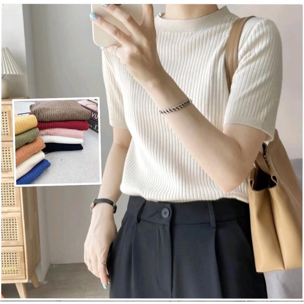 Alternative view of Áo Len Đũa Cộc Tay Cổ Tròn Chất Len Mềm Mịn, Co Giãn Thoải Mái - Chipxinhxk
