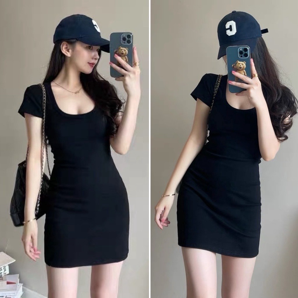 Váy Bo Tăm Trơn Cổ Vuông Nữ